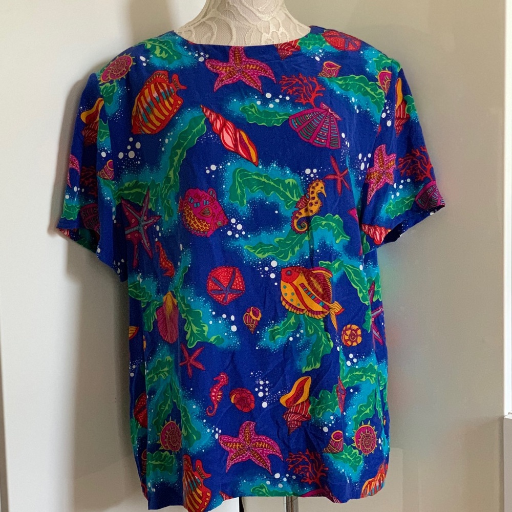 Vintage Silk Tropical Fish Sea Novelty Print Top sz 1X